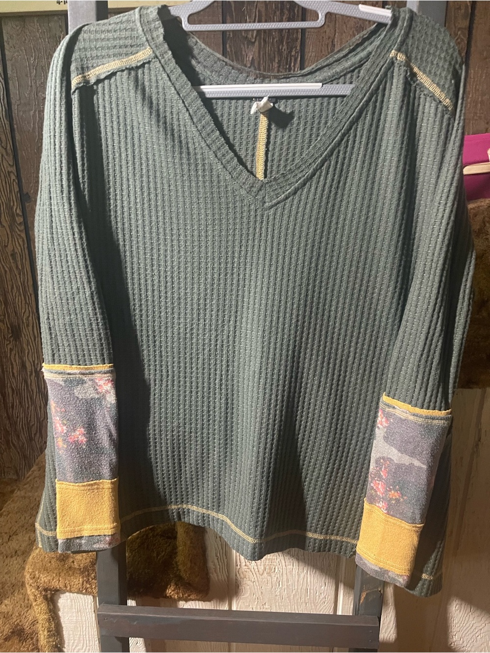 Free People Olive Green Waffle V-Neck Tunic with Yellow Contrast Accents